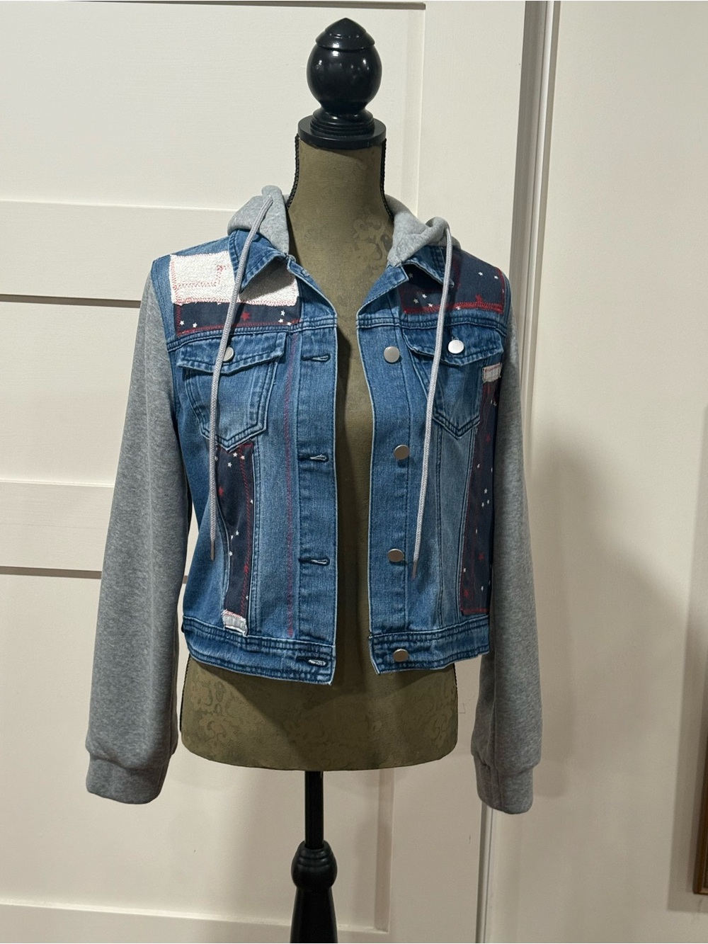Mixed-Media Hooded Denim Jacket - Blue & Gray upcycled! Medium